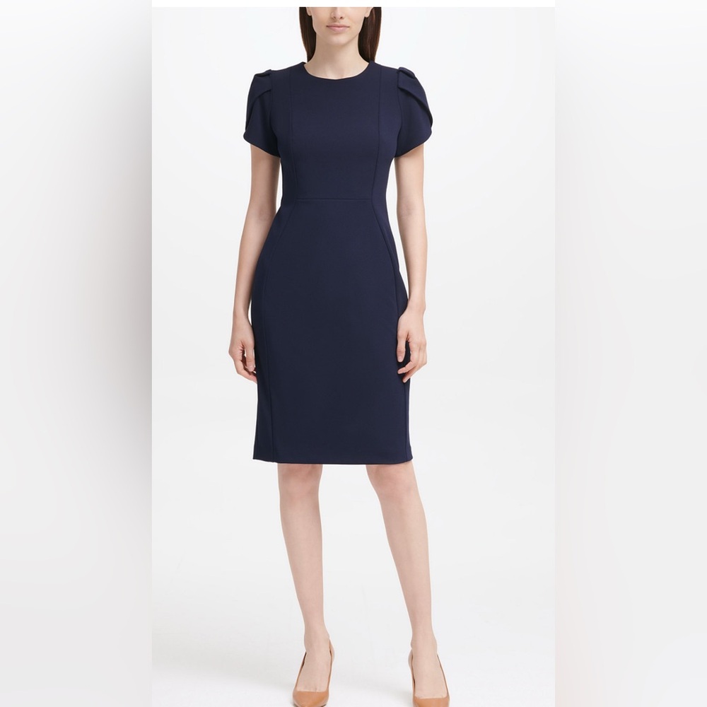 Calvin Klein women’s tulip sleeved suede navy above the knee sheath dress size 8 - Picture 1 of 11